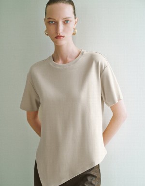 Urban Revivo Asymmetric Hem Crew Neck Knitted Women's T Shirts Khaki | GHQ1153EO