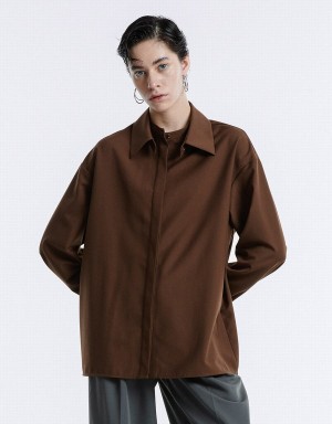 Urban Revivo Basic Button Up Women's Shirts Brown | ZOW4898RV