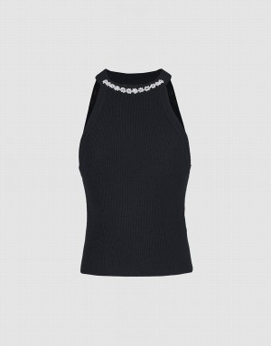 Urban Revivo Beaded Detail Ribbed Knit Women's Tank Top Black | THA8267SX