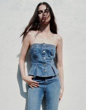 Urban Revivo Button Up Denim Tube Top Women's Blouse Blue | MVM9129RH