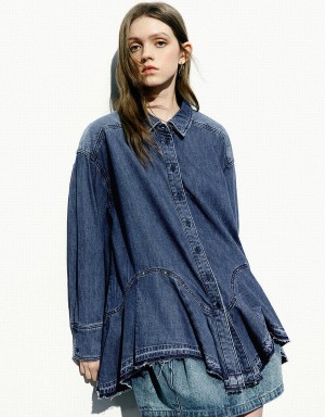 Urban Revivo Button Up Loose Denim Women's Shirts Blue | EYU6511XO