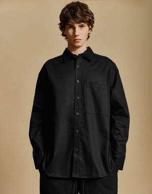 Urban Revivo Button Up Loose Men's Shirts Black | AUY47DC