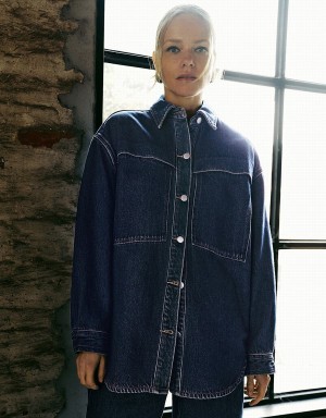 Urban Revivo Button Up Oversized Denim Women's Shirts Blue | XPO2241TW