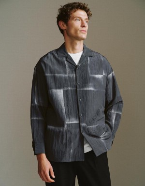 Urban Revivo Button Up Straight Loose Men's Shirts Grey | RVJ1754XQ