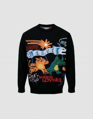 Urban Revivo Cartoon Embroidered Crew Neck Men's Sweaters Black | OME9013RP