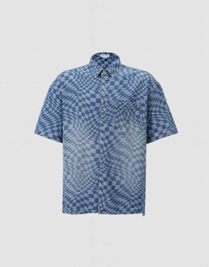 Urban Revivo Checkered Denim Men's Shirts Blue | WWU1055BF