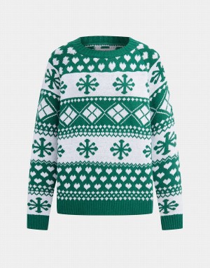 Urban Revivo Christmas Snowflake Crew Neck Holiday Women's Sweaters Dark Green | YXI9525GU