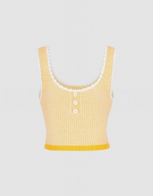 Urban Revivo Contrast Trim Half Button Knitted Women's Tank Top Yellow | PCE819TQ