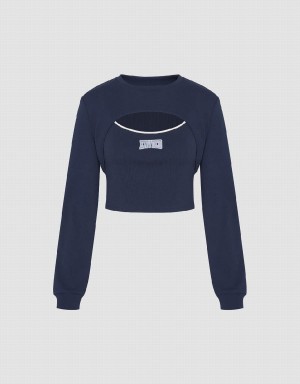 Urban Revivo Cut-Out Crew Neck Knitted Women's T Shirts Blue | KQD2855JL