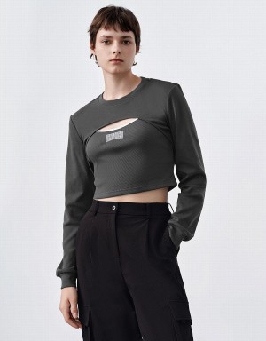 Urban Revivo Cut-Out Crew Neck Knitted Women's T Shirts Dark Grey | SGN741EZ