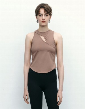 Urban Revivo Cut-Out Women's Tank Top Brown | NQY474CD