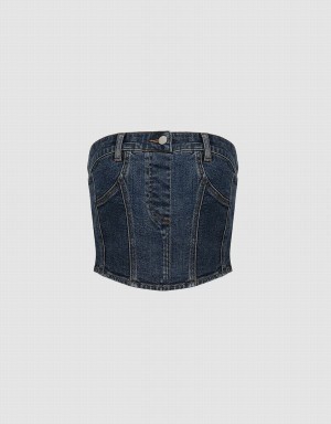 Urban Revivo Denim Top Women's Shirts Blue | WDL7145OD