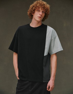 Urban Revivo Drop Shoulder Sleeve Crew Neck Men's T Shirts Black | YOJ1258IN