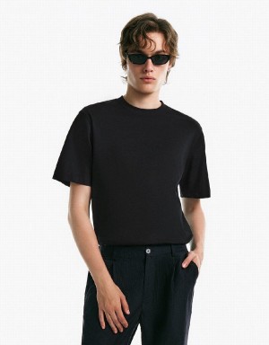 Urban Revivo Drop Shoulder Sleeve Crew Neck Men's T Shirts Black | PHF2025LK