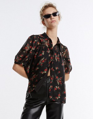 Urban Revivo Floral Button Up Women's Shirts Black Red | EJT804CM