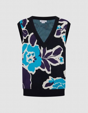 Urban Revivo Floral Jacquard Women's Sweaters Blue Black | BJU8652DG