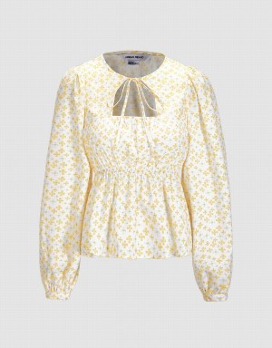 Urban Revivo Floral Print Cut Out Women's Blouse Yellow | LTU6042KR