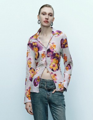 Urban Revivo Flower Printed Women's Shirts Blue | MSE3299ER