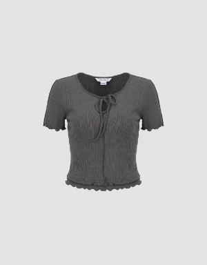 Urban Revivo Frill Trim Tie Front Knitted Women's T Shirts Grey | HWT7837JD