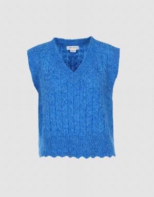 Urban Revivo Fuzzy Cable Knit Women's Tank Top Blue | NQF8028JI