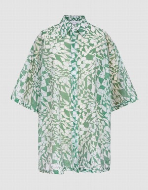 Urban Revivo Geometric Print Short Sleeve Women's Shirts Green | TJK38100FQ