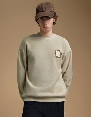 Urban Revivo Hedgehog Embroidered Crew Neck Men's Sweatshirts Khaki | UNC9963ZV