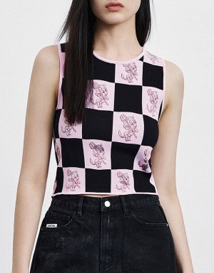 Urban Revivo Hot Stuff Checkered Knitted Women's Tank Top Pink | PBO1716FL