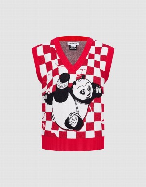 Urban Revivo Kung Fu Panda Checkered Women's Tank Top Red | FNK426IE