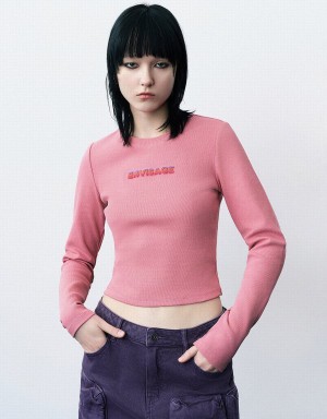 Urban Revivo Letter Embossed Crew Neck Knitted Women's T Shirts Pink | IBA4366LV