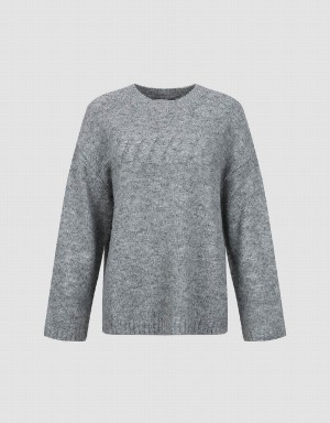 Urban Revivo Letter Embossed Crew Neck Women's Sweaters Grey | PPE8458RH