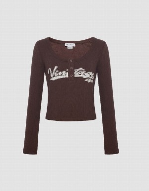 Urban Revivo Letter Print With Press Buttons Women's T Shirts Brown | YNL6170PX