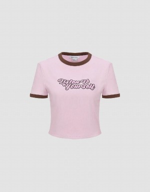 Urban Revivo Letter Printed Crew Neck Regular Women's T Shirts Pink | YDL913JC