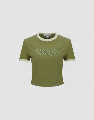 Urban Revivo Letter Printed Crew Neck Regular Women's T Shirts Green | OBS9039LY