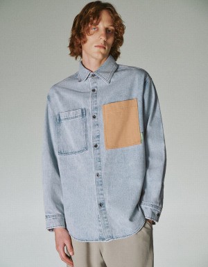 Urban Revivo Loose Denim Men's Shirts Blue | NFF9037DN