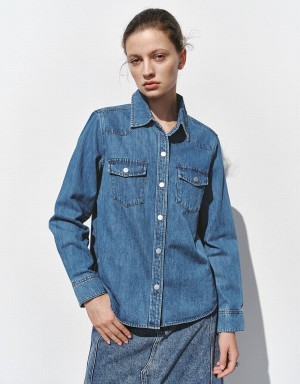 Urban Revivo Loose Denim With Pressed Buttons Women's Shirts Blue | NSI1357GT