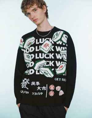 Urban Revivo Mahjong Embroidered Men's Sweaters Black | ITG1004WB