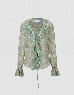 Urban Revivo Paisley Print Ruffled Women's Shirts Green | APK9477XZ