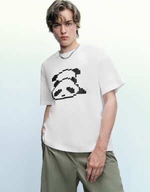 Urban Revivo Panda Printed Crew Neck Men's T Shirts White | SVL4318ZO