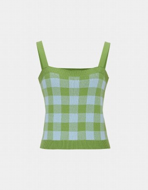 Urban Revivo Plaid Knitted Cami Checkered Women's Tank Top Blue | NSB1166DB