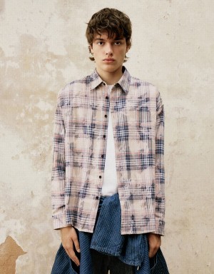 Urban Revivo Plaid Oversized Men's Shirts Khaki | HZO4343ZY