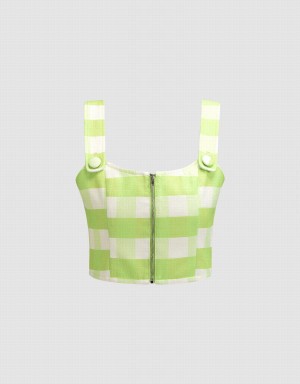 Urban Revivo Plaid Zip Front Cami Crop Top Women's Shirts Green | ZTR3141FL