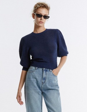 Urban Revivo Plain Cropped Women's Sweaters Blue | QVS7683EF