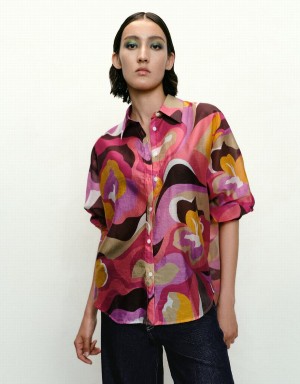 Urban Revivo Printed Button Up Lapel Women's Shirts Pink Multicolor | EAW9851VN