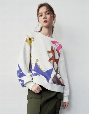 Urban Revivo Printed Crew Neck Loose Women's Sweatshirts White | UTS1626YR