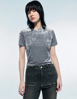 Urban Revivo Printed Crew Neck Skinny Women's T Shirts Light Grey | OOE8088UI