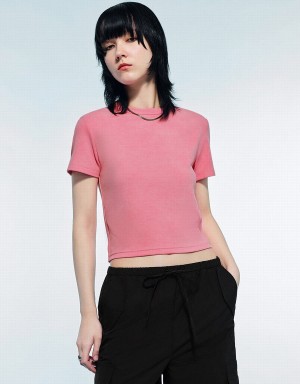 Urban Revivo Printed Crew Neck Skinny Women's T Shirts Pink | BPD906GX