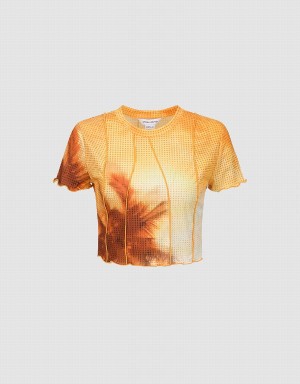 Urban Revivo Printed Crew Neck Skinny Women's T Shirts Orange | EXG1392TC