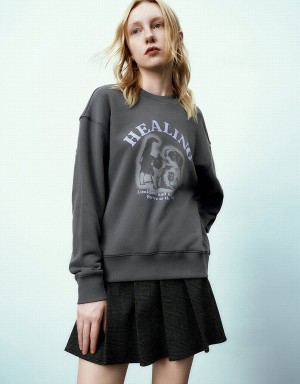 Urban Revivo Printed Crew Neck Women's Sweatshirts Dark Grey | ZEO9645OI