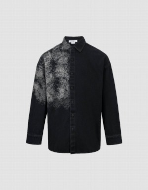 Urban Revivo Printed Loose Denim Men's Shirts Black | TJV76GY