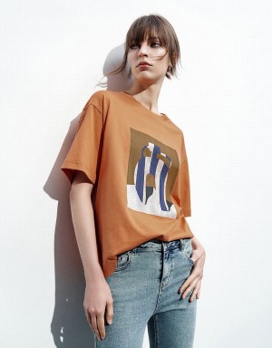 Urban Revivo Printed Loose Women's T Shirts Orange | ITZ8993PP